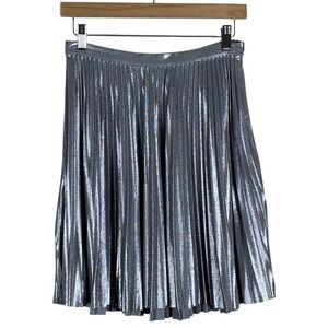 Halston Heritage Pleated Metallic Silver Skirt Holographic Midi Glam Size 4